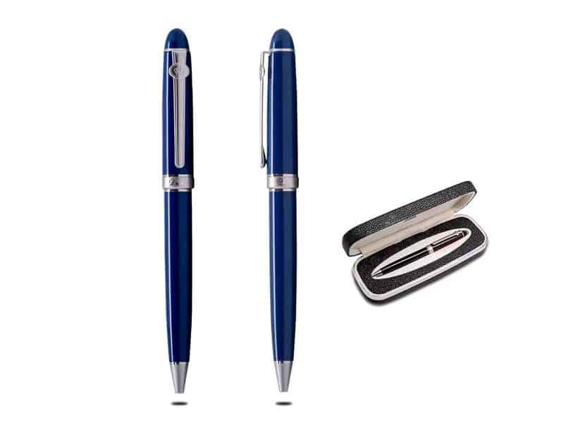duke dignity metal pen in blue colour with silver chrome trimming in a leather box for corporate gifting in UAE