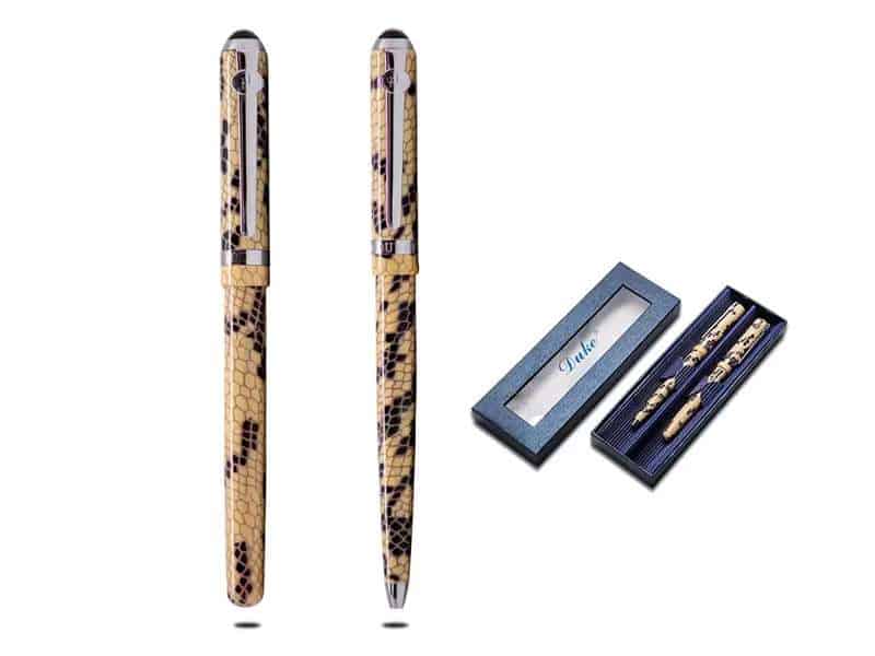 Duke serpent pattern beige colour fountain pen and roller pen set with a classy box for corporate gift to employee or client in UAE
