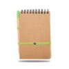 Eco friendly spiral notepad in green colour with highlighted page markers and matching pen with elastic closure for corporate gift in Dubai