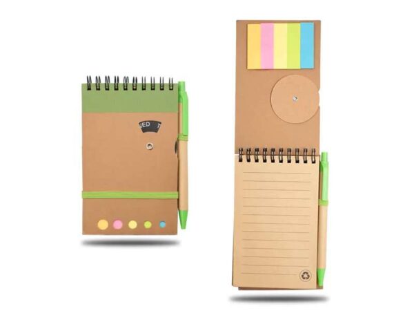 Eco friendly spiral notepad in green colour with highlighted page markers and matching pen with elastic closure for corporate gift in Dubai
