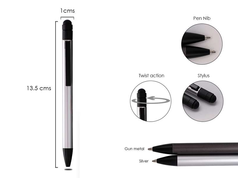 Stiletto silver colour twist action metal pen with stylus for business gifts