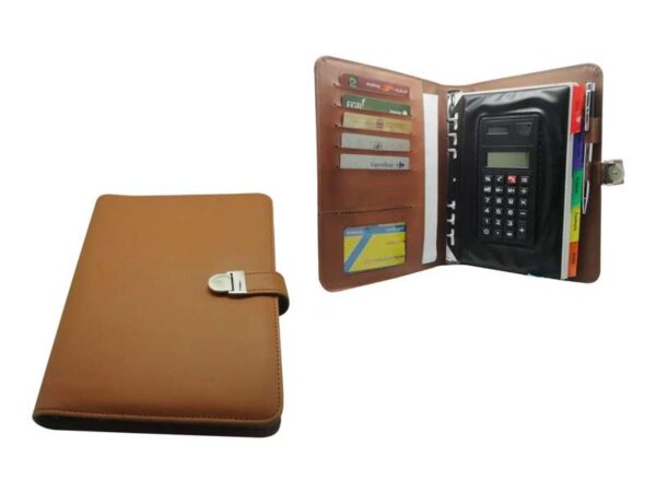 tan color organizer in PU leather with silver clip and calculator inside