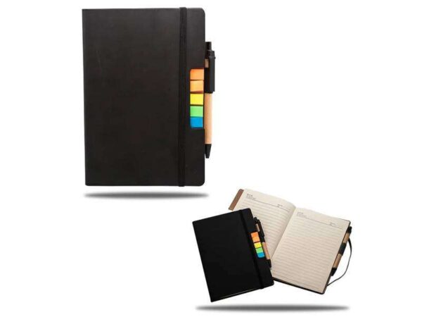 Econ Ecofriendly matte finish A5 black notebook with an eco friendly pen and flourescent page markers available for wholesale in dubai