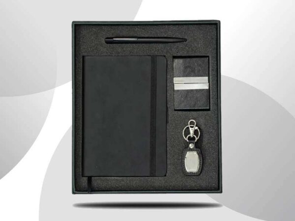 Jet balck exmatt corporate gift set with leather cardcase and keychain along with metal pen in dubai for employees