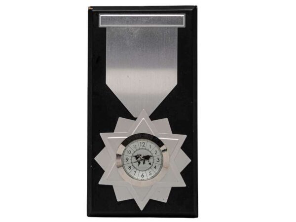 Metal star Silver trophy with wooden base and clock, Trophy supplier in Dubai