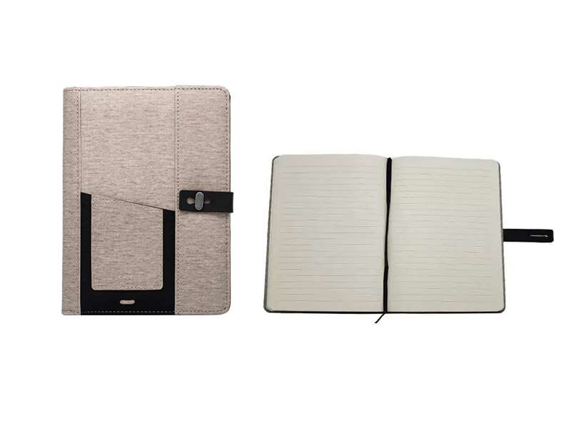 Bevogue Italian textured leatherette cross functional a5 notebook organizer with phone holder notebook in beige color with many pockets in Dubai