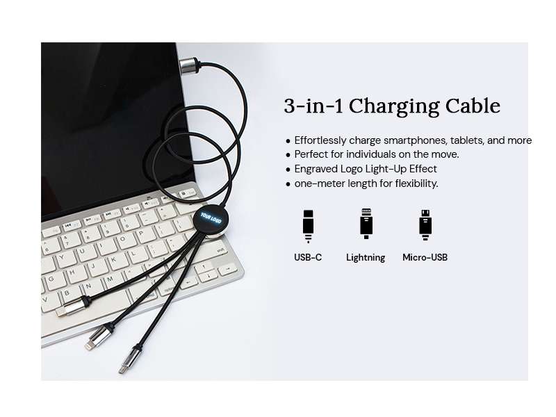 Longman's 3-in-1 Charging Cable with light up logo; Connect to Laptop, Smartphone, and Tablet.