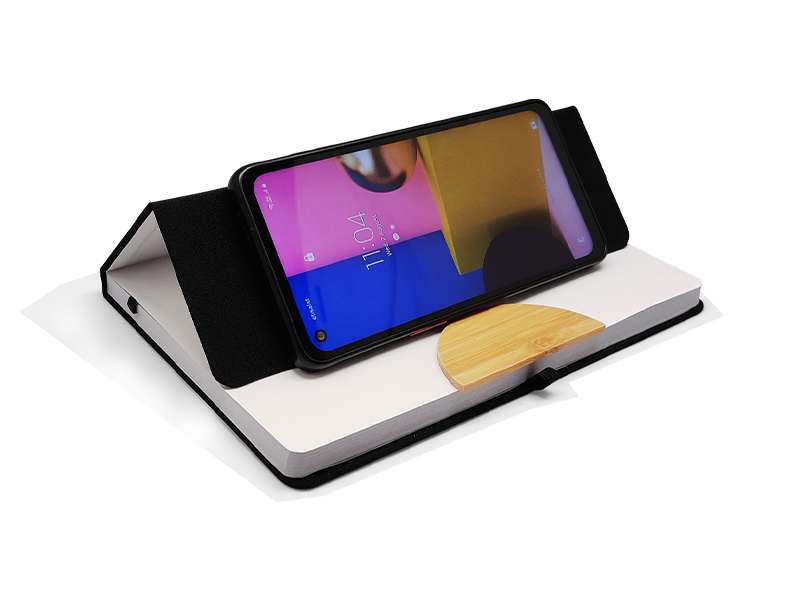Caro - Black A5 sized notebook with mobile phone holder, Innovative Front Cover Mobile Holder Design