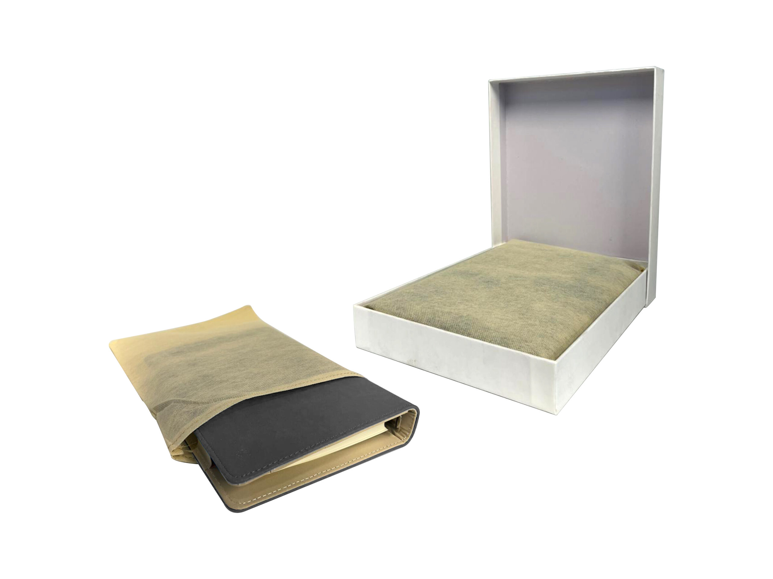 Open white box with wrapped black notebook.