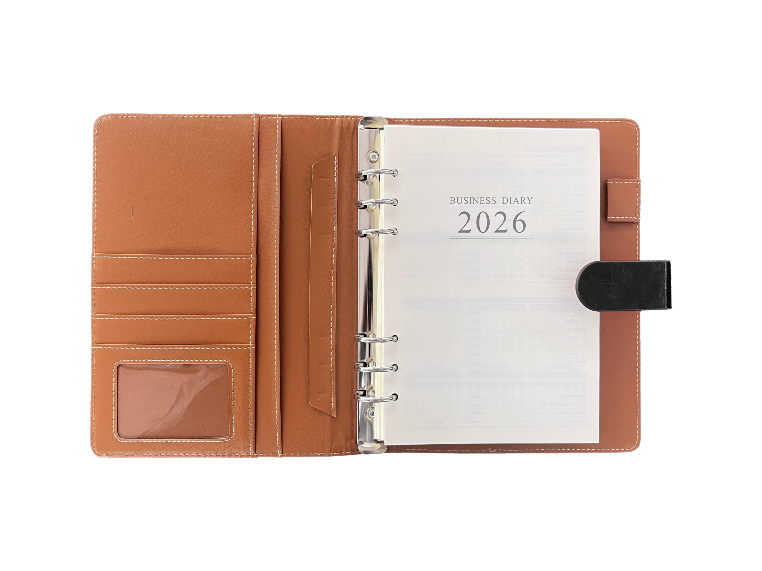 Open 2026 business diary with leather cover.