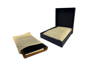 Open black leather planner in box and cover