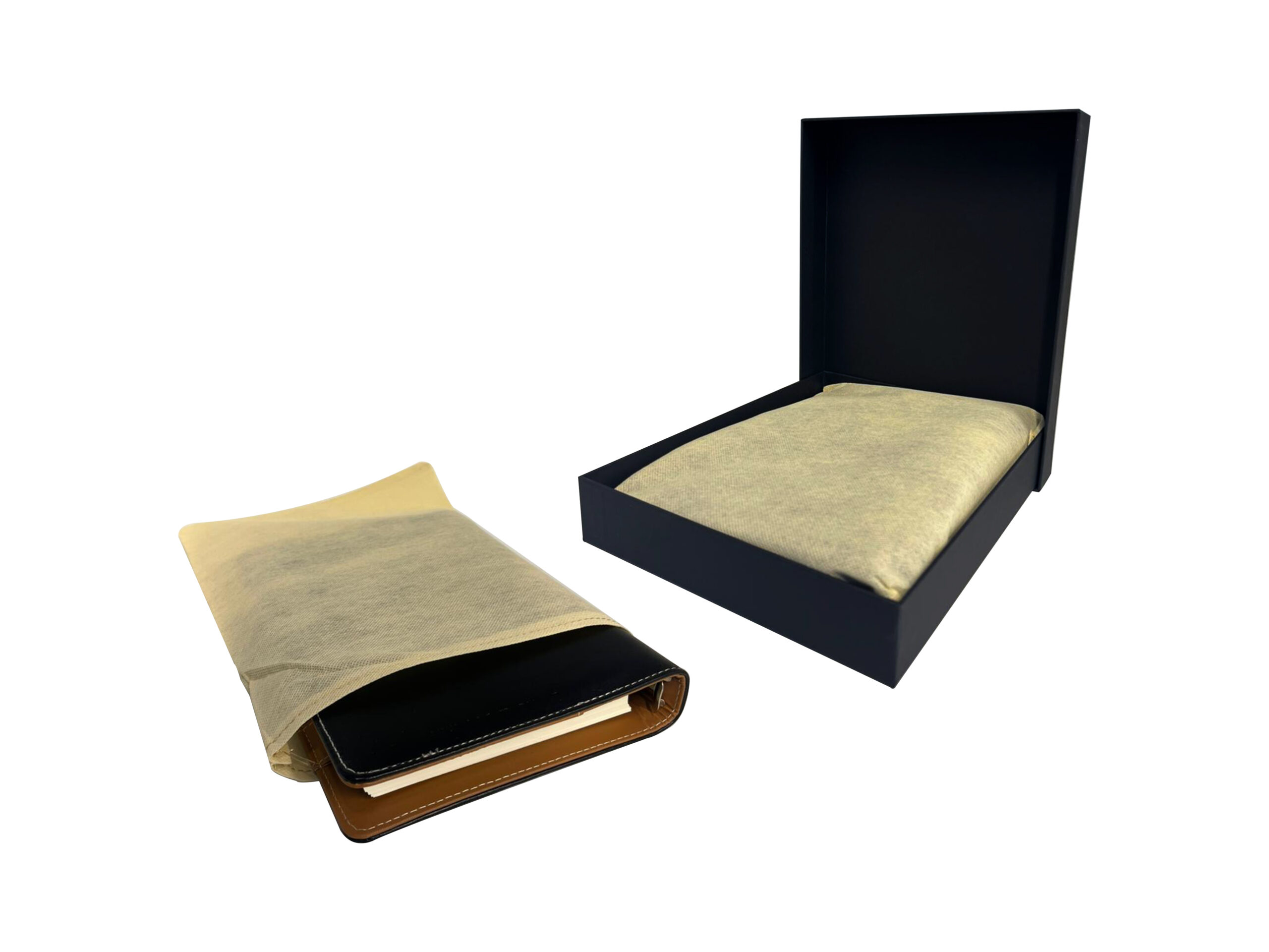 Open black leather planner in box and cover