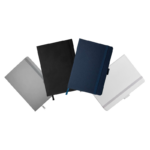 Four colorful notebooks arranged in a fan shape.