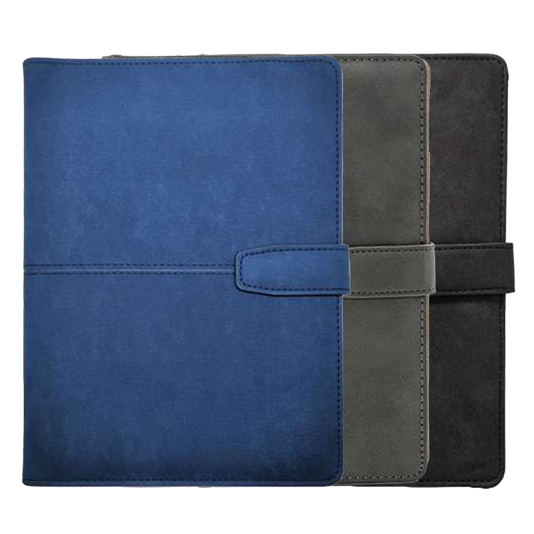 Three colored leather planners stacked together
