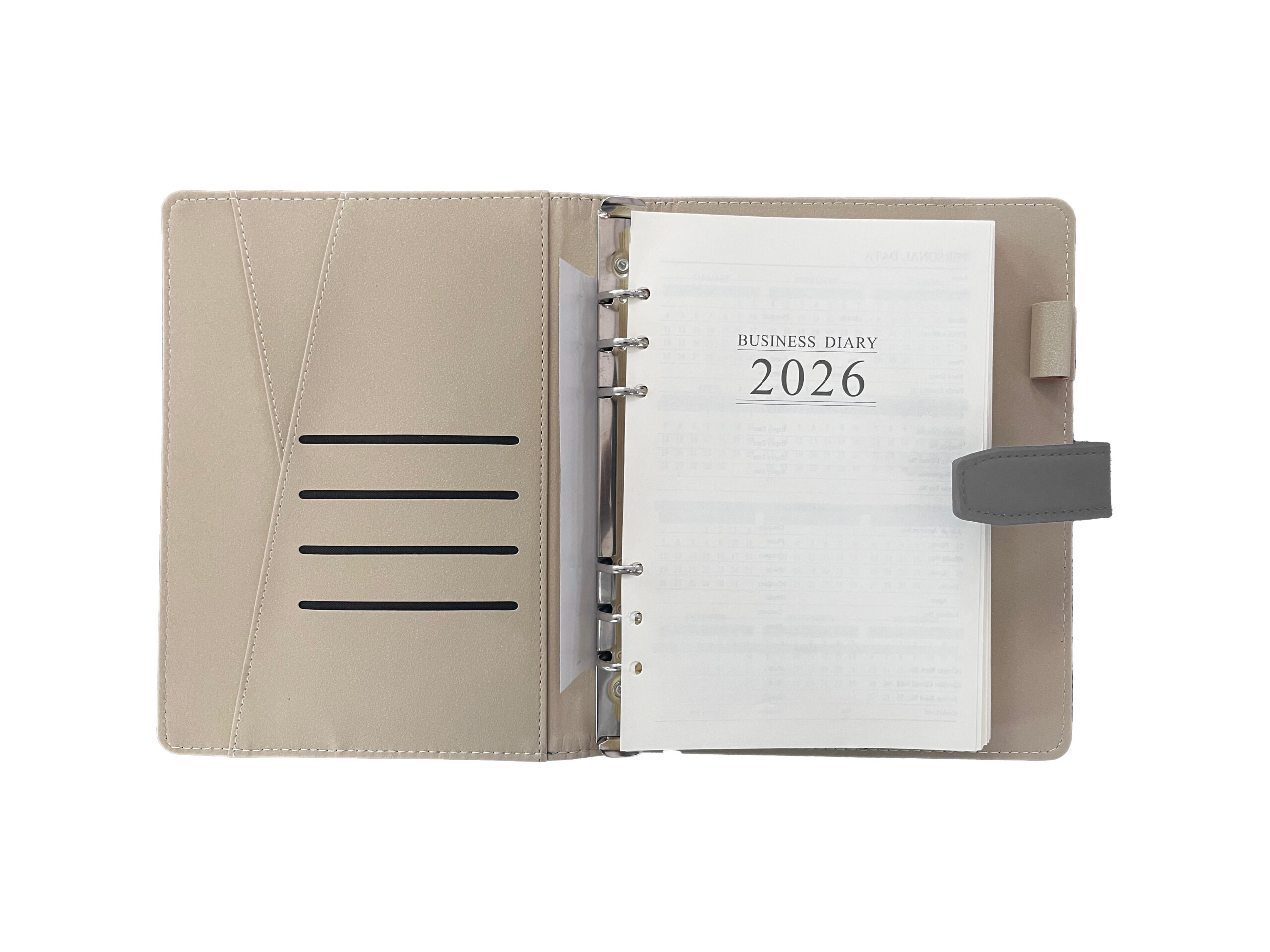 Open business diary for 2026 with brown cover.