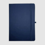 Navy blue hardcover notebook with elastic strap.