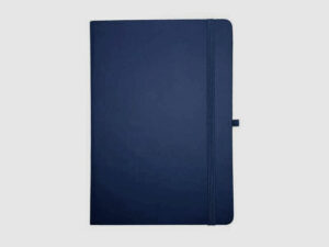 Navy blue hardcover notebook with elastic strap.