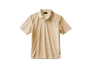 Beige polo shirt on white background.