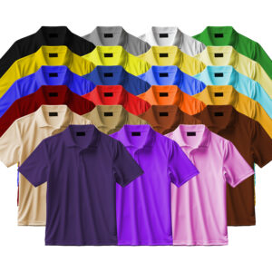 Multicolored polo shirts arranged in rows.