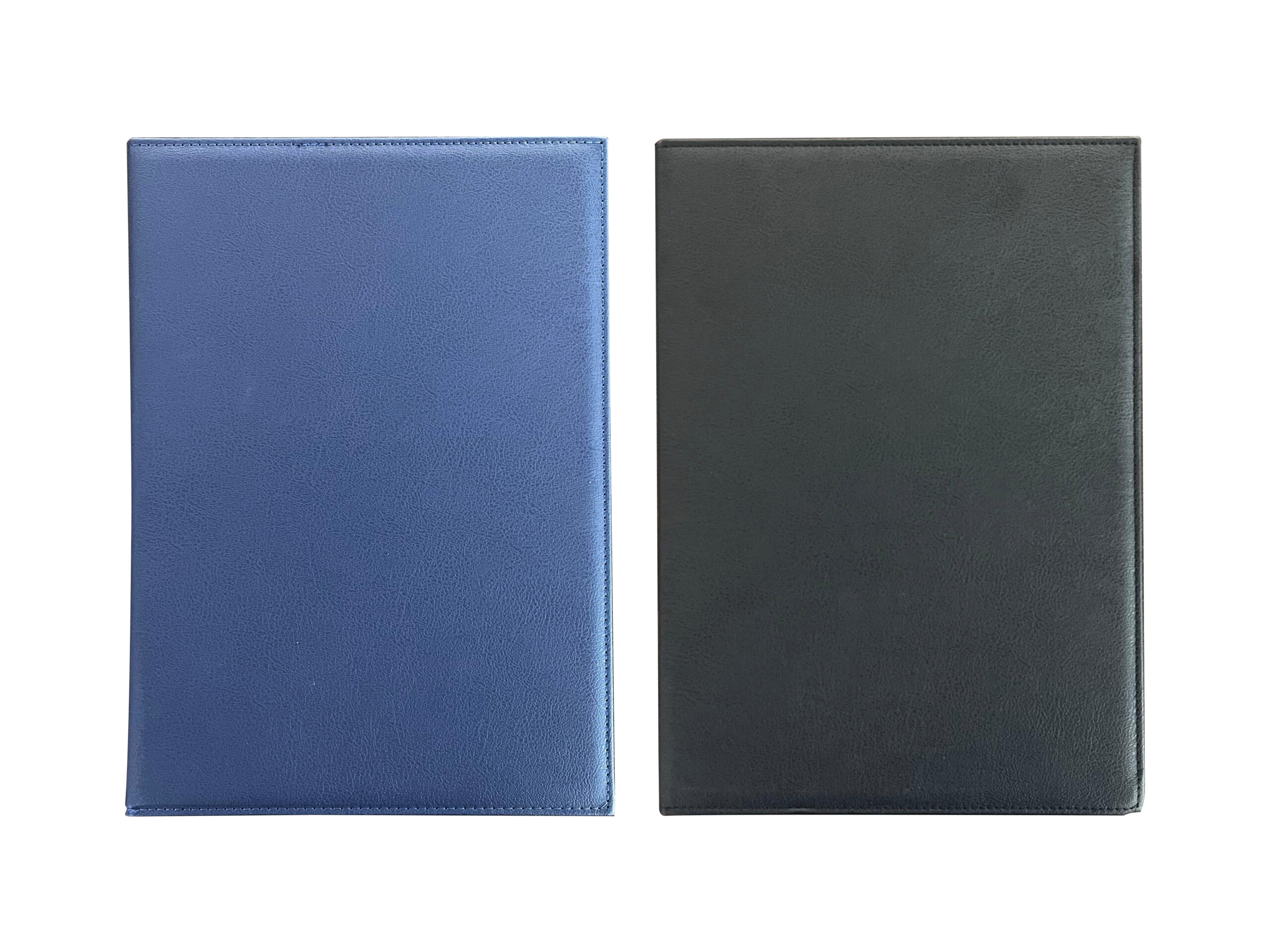 Blue and black closed notebooks side by side.