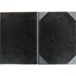 Black leather-bound menu with two panels.