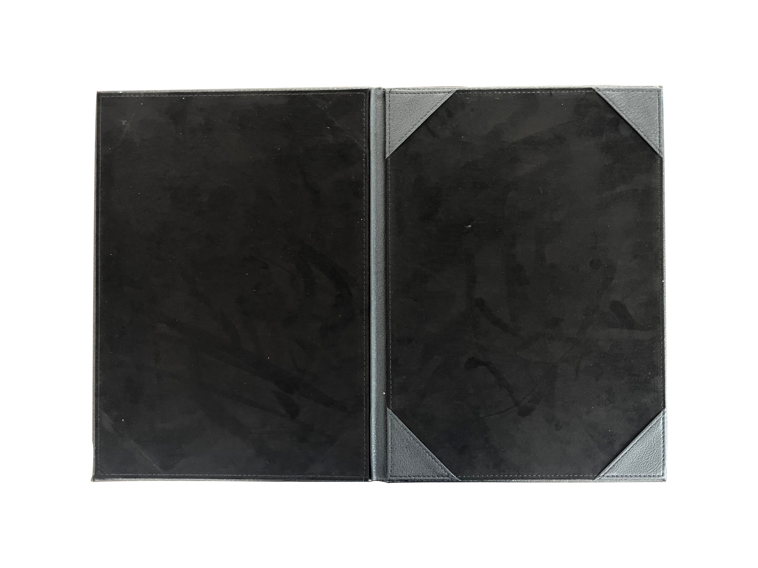 Black leather-bound menu with two panels.