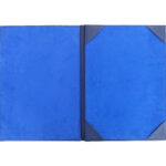 Open blue fabric folder with corner reinforcements