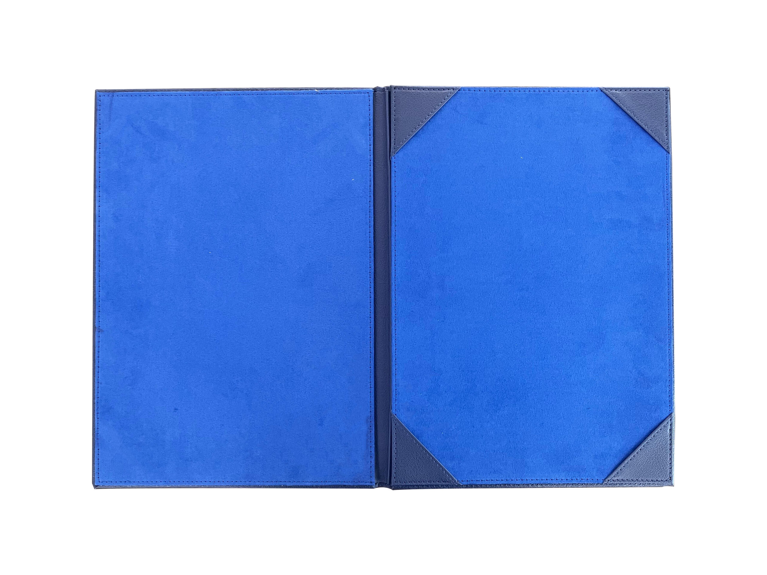 Open blue fabric folder with corner reinforcements