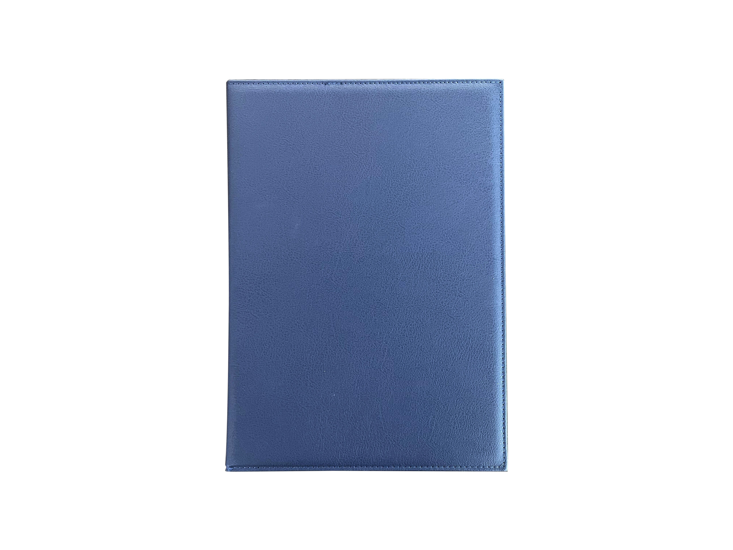 Blue leather folder on white background.
