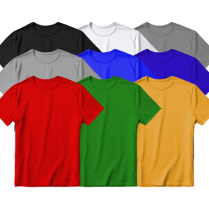 Assorted colorful T-shirts arranged in rows.