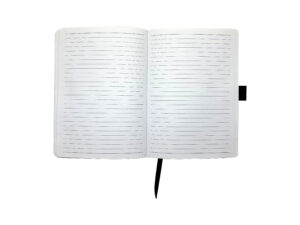 Open lined notebook with bookmark.