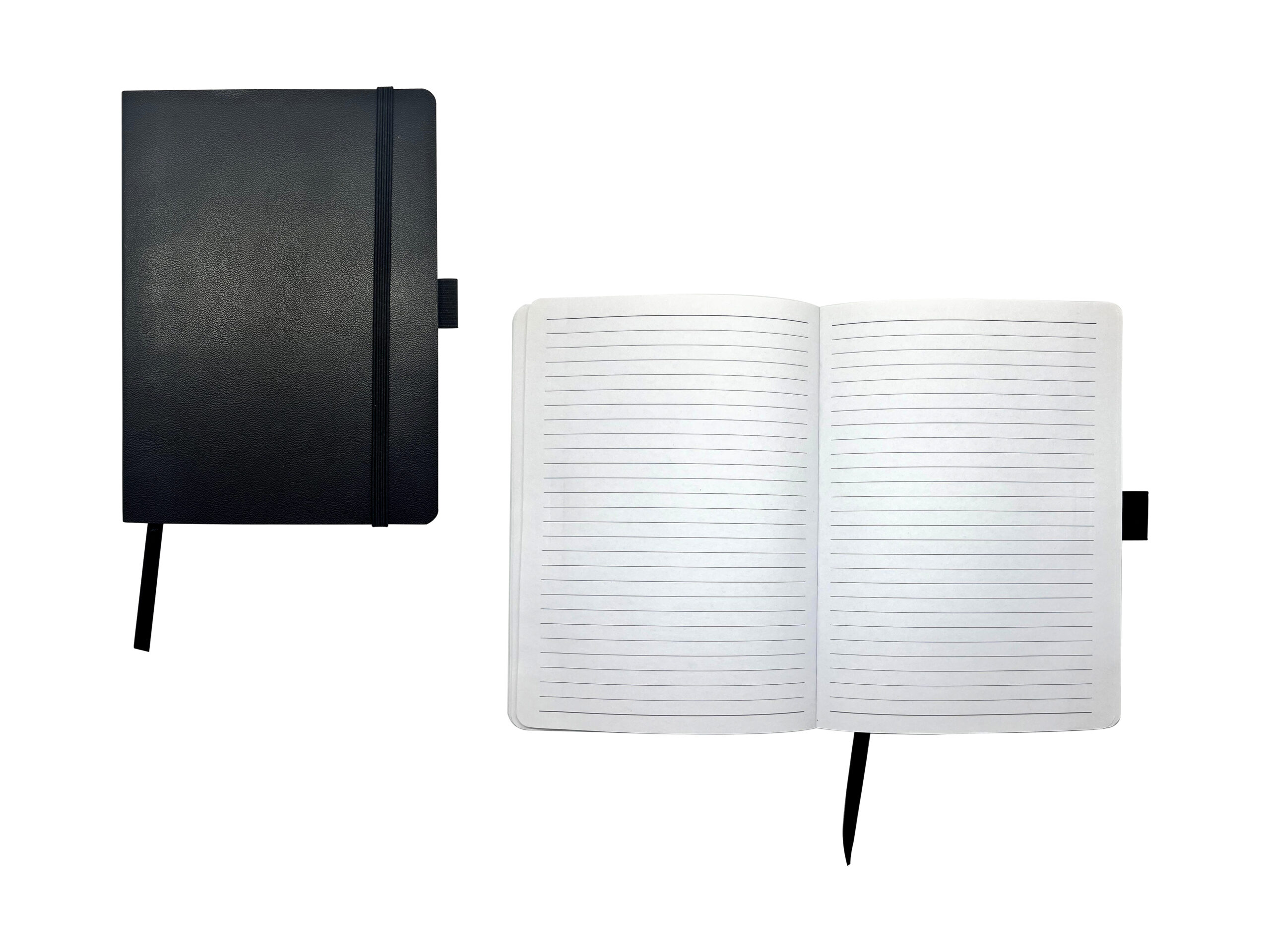 Closed and open black notebook with lined pages.