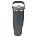 Gray insulated tumbler with handle and lid