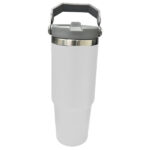 White insulated travel mug with handle and lid