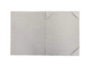 Open gray book cover with corner flaps