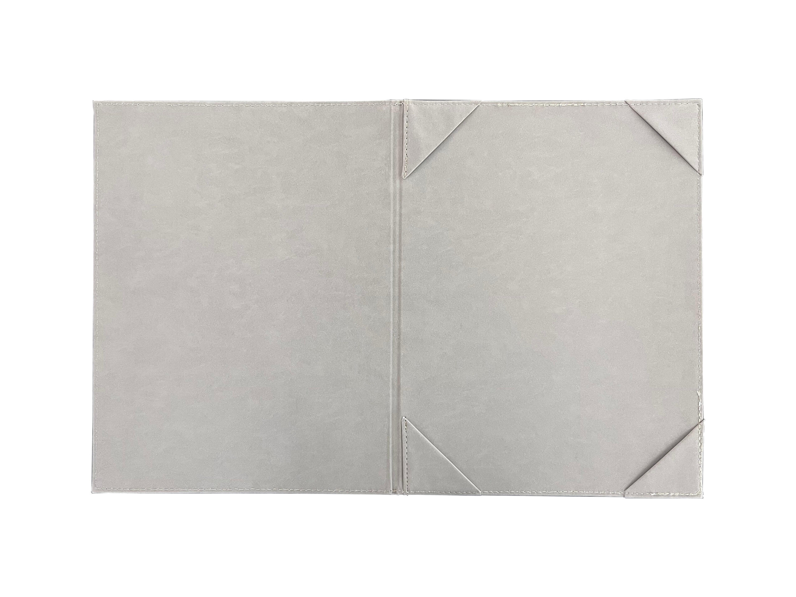 Open gray book cover with corner flaps