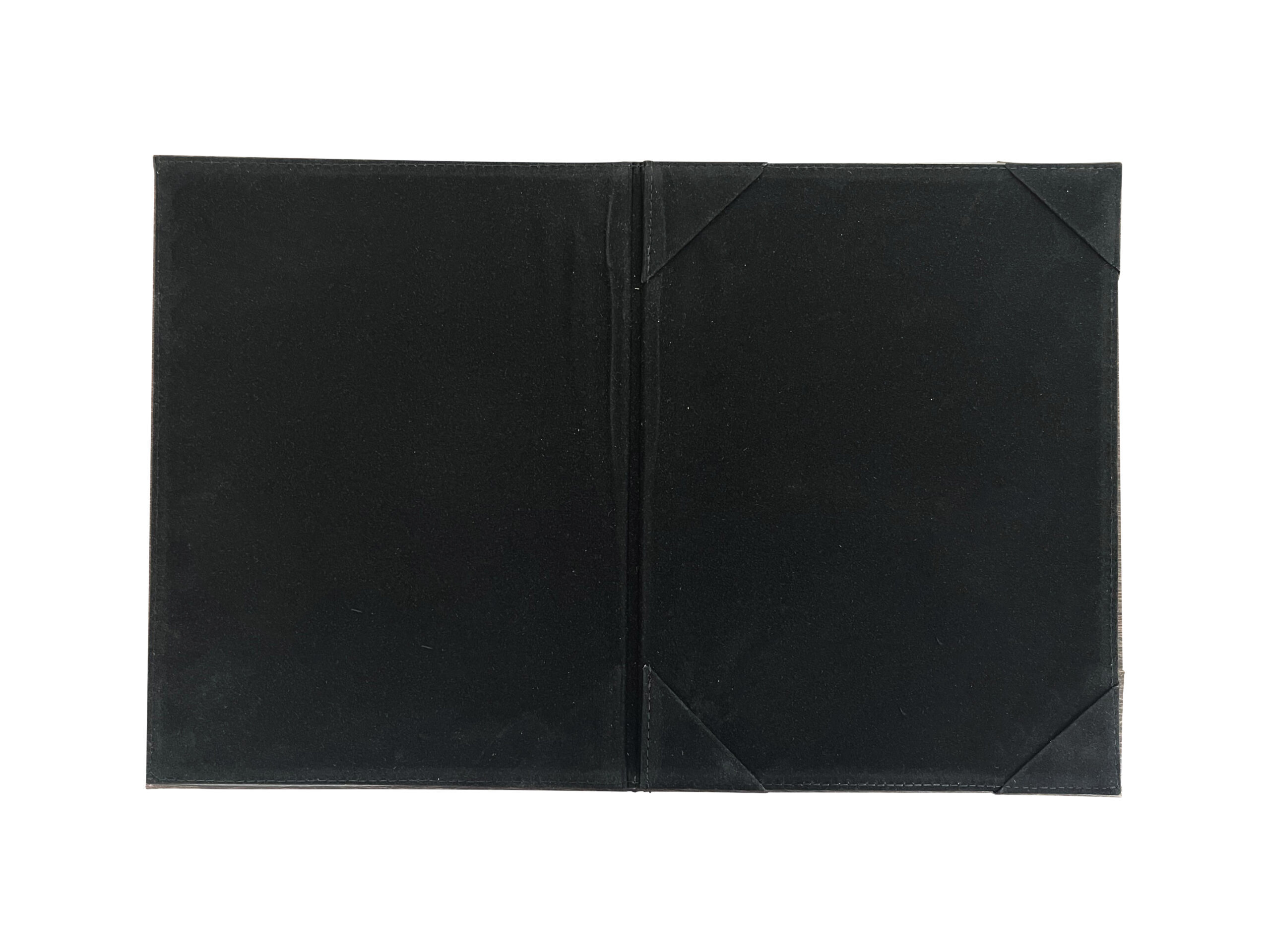 Open black leather photo album cover
