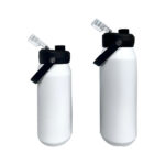 Two white water bottles with flip lids.