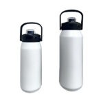 Two white insulated water bottles with handles