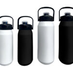 Four insulated water bottles, black and white.