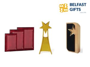 Red plaques and star trophies from Belfast Gifts