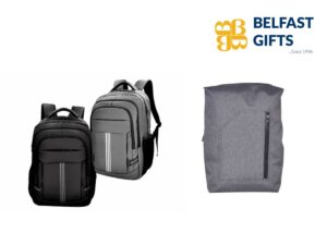 Black and gray backpacks, Belfast Gifts logo.