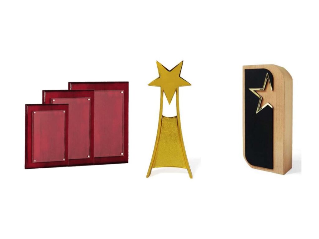 Various award plaques and trophies on display