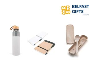 Collection of eco-friendly gifts and stationery items.