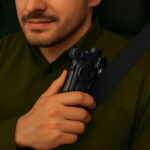 Man holding device under seatbelt