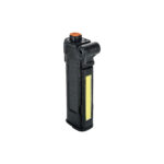 Black tactical flashlight with yellow accent.