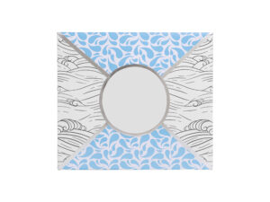 Blue and white decorative envelope with swirling patterns.