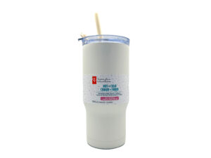 White insulated travel mug with straw