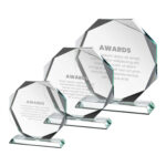 Three hexagonal glass awards with text.