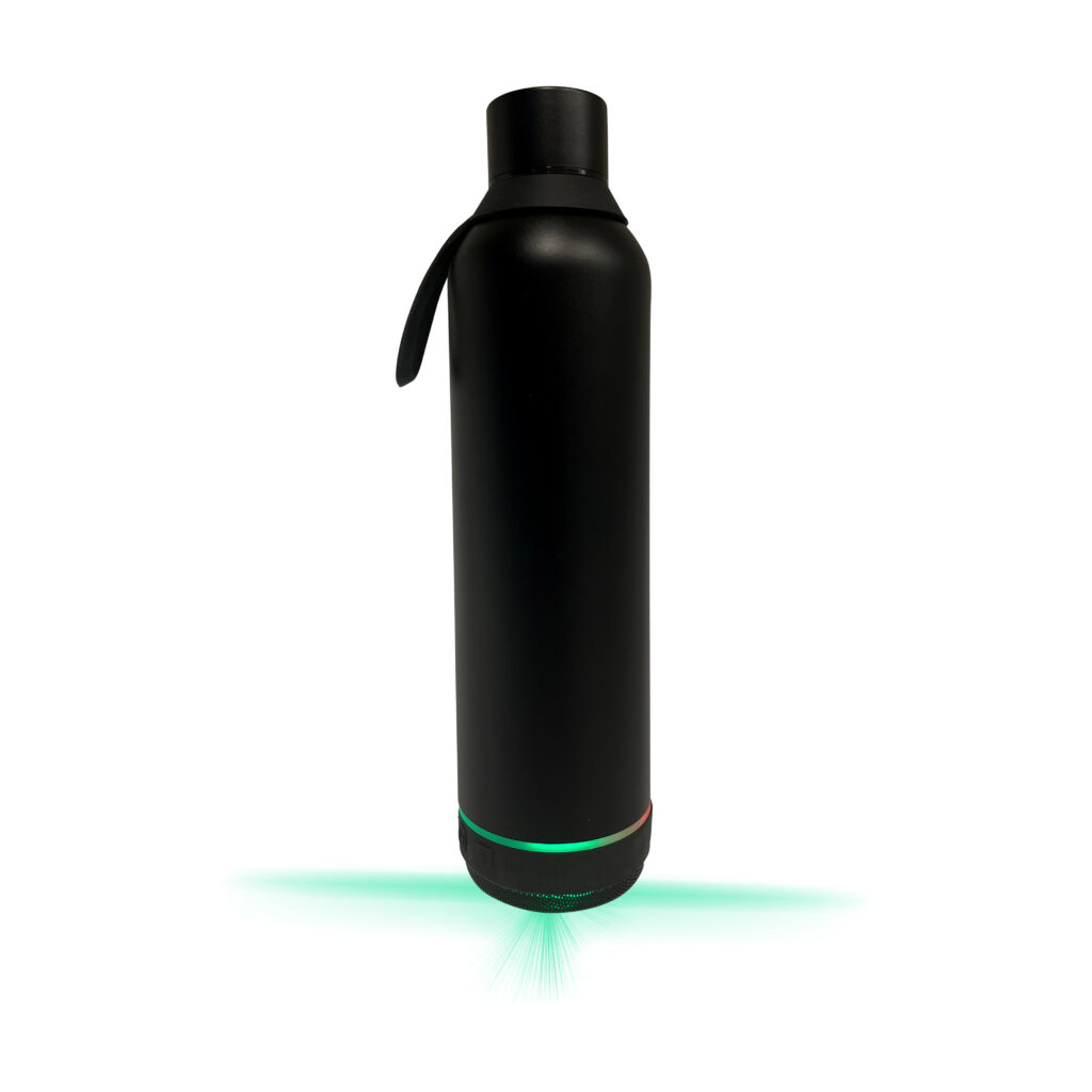 Black insulated water bottle with glowing base.